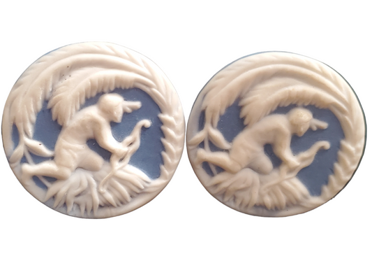 Pair Jasperware Round Buttons by Stella Rzanski, Hunter with Bow, 1988 & 1989